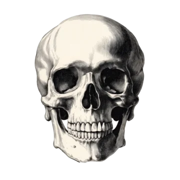 Monochrome skull drawing with ink lines isolated on transparent background