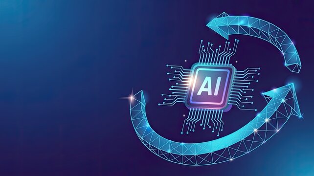 Futuristic digital illustration of a glowing ai chip at the center of a circular arrow representing artificial intelligence and technological progress - Powered by Adobe