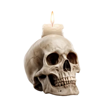 Creepy skull with dripping candle on top isolated on transparent background
