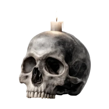 Spooky skull holding candle flame on head isolated on transparent background