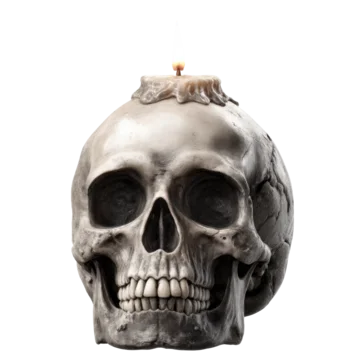 Gothic skull with wax candle placed above isolated on transparent background
