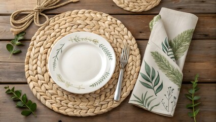 Rustic table setting with woven placemat and botanical napkin