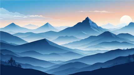 Morning mountain landscape with foggy peaks and clear sky