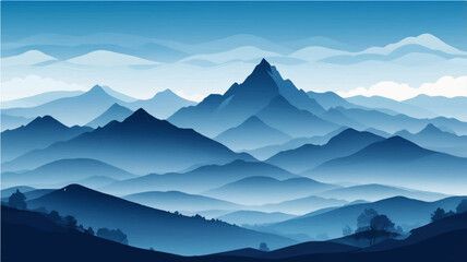 Morning mountain landscape with foggy peaks and clear sky
