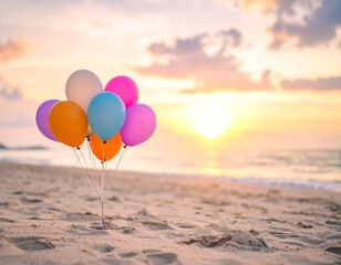 Fototapeta premium Globos de colores apoyados en la arena con un cielo de atardecer en tonos pastel