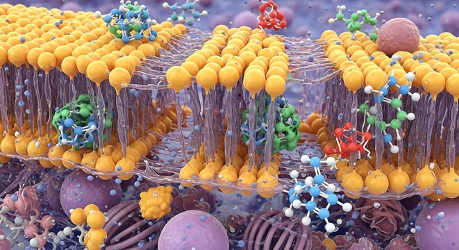 Detailed 3D scientific illustration of a cell membrane lipid bilayer, showing molecular transport and cellular receptor interactions.