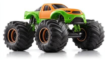 Obraz premium Detailed Green And Orange Monster Truck Toy Model On White Background