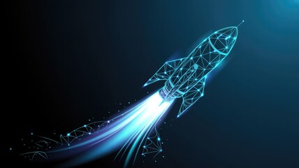 Futuristic glowing neon digital rocket ship launching into dark starry night sky with bright blue light trail and connected glowing dots
