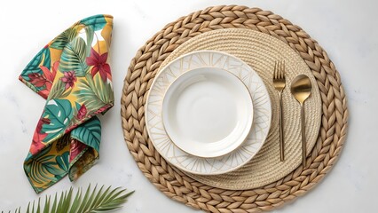 Tropical themed table setting with floral napkin and woven placemat