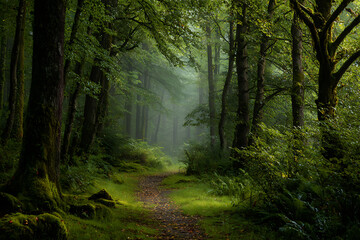 Fototapeta premium Enchanting forest path with lush greenery, creating a serene and mystical atmosphere, inviting exploration and tranquility.