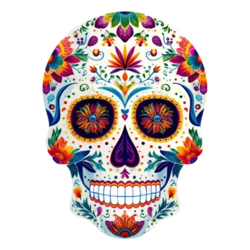 Festive sugar skull with colorful decorative motifs isolated on transparent background