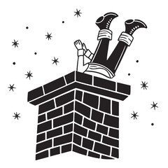 Humorous Christmas Illustration:  Santa Stuck in Chimney, Black and White, Vector Style