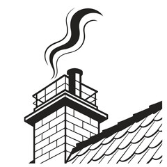 Black and White Illustration: Cozy Brick Chimney with Smoke, Home Roof Detail, Vintage Style