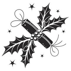 Elegant Black and White Christmas Cracker with Holly and Berries; Festive Holiday Design Element