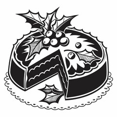 Black and white illustration of a Christmas cake with holly, festive, vintage style, holiday dessert.