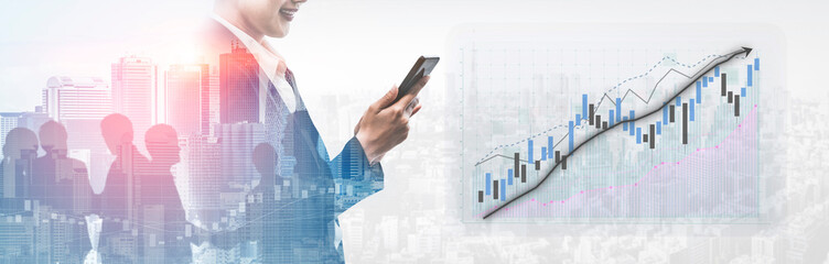 Business professional analyzing stock market trends on smartphone in urban skyline setting with financial growth chart overlay Impute.