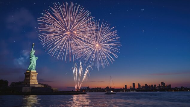 Statue of liberty illuminated with fireworks in the sky over new york city skyline at dusk celebration - Powered by Adobe