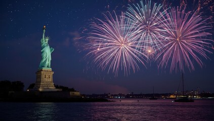 Statue of liberty illuminated with fireworks display over water at night in new york city harbor
