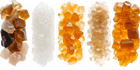 Amber and white sugar crystals gleam on black, offering crystalline texture. Ideal for food photography, product promotion, or a sweet branding.
