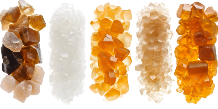 Amber and white sugar crystals gleam on black, offering crystalline texture. Ideal for food photography, product promotion, or a sweet branding.