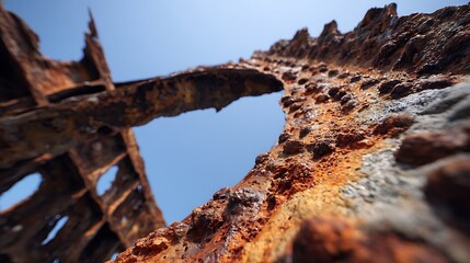 Rusty Shipwreck Remains Frame the Bright Blue Sky Above