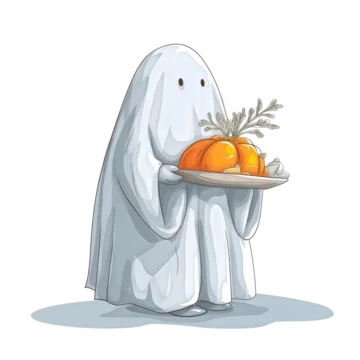 Adorable ghost with pumpkin in hands isolated design on transparent background