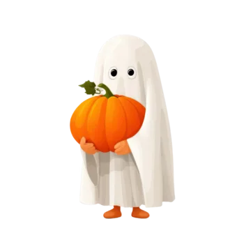 Cartoon ghost character carrying pumpkin on transparent background