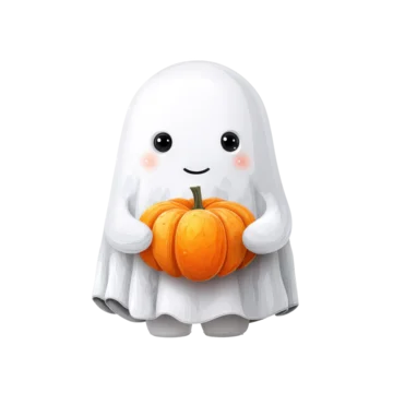 Cute ghost holding pumpkin with friendly smile isolated on transparent background