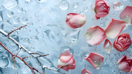Fototapeta premium Delicate pink rose petals and buds with water droplets on a cool blue textured background