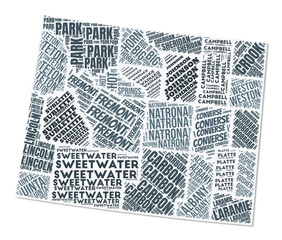 Wyoming shape text cloud. State border with shadow on white background. Wyoming with counties division in vintage gazette style. Artistic vector illustration.