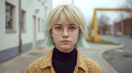 A portrait of non binary person. young person with short, two-toned hair dyed blonde and light teal. They are wearing thin, round wire-frame glasses and a vintage-style