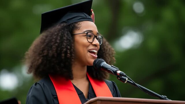 Young woman graduation speech celebration academic achievement outdoor event