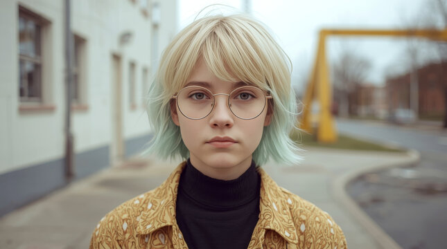 A portrait of non binary person. young person with short, two-toned hair dyed blonde and light teal. They are wearing thin, round wire-frame glasses and a vintage-style