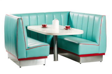 Teal Diner Booth with Table and Coffee Cups on Background Keywords: diner, booth, retro isolated on a transparent background