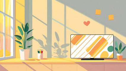 Flat Illustration of Modern Home Workspace with Sunlight and Indoor Plant