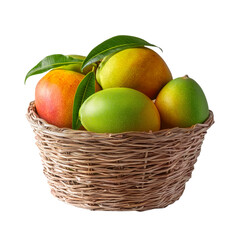 A basket of fresh mangoes on a white background, a high-resolution photograph, a professional-quality image, highly detailed and realistic,