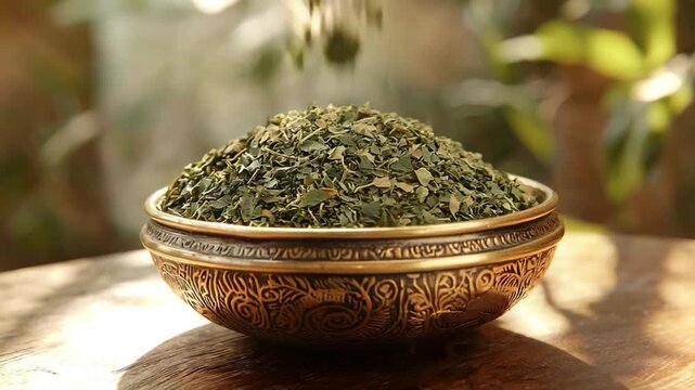 close-up of dried kasuri methi leaves in a traditional indian brass spice container video rotation