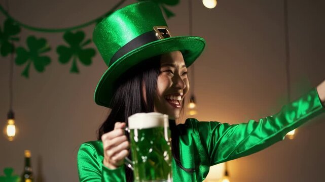 Beautiful female leprechaun with red hair in green costume holding glass of green beer for St. Patrick&rsquo;s Day