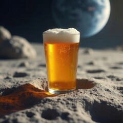 Refreshing beer glass standing on dusty lunar surface with earth in background.