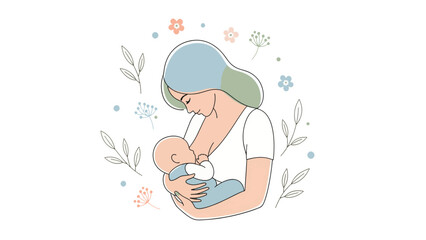 Tender illustration of a mother breastfeeding her baby, surrounded by delicate floral elements and soft pastel colors, symbolizing nurturing and maternal love.