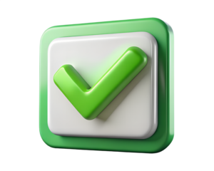 3d illustration of a 3d green check mark inside a white square with a green border, isolated on transparent background, symbolizing correctness, approval, and success in digital interfaces