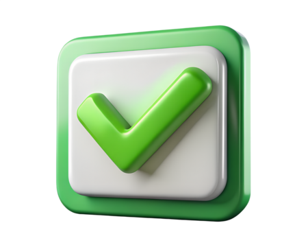 3d illustration of a 3d green check mark inside a white square with a green border, isolated on transparent background, symbolizing correctness, approval, and success in digital interfaces