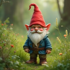 Cheerful gnome with red hat standing in lush forest surrounded by colorful flowers.