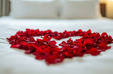 Romantic getaway: a heart of red rose petals on a pristine hotel bed