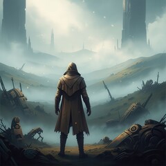 Mysterious hooded figure standing in foggy ruined landscape with towering spires.