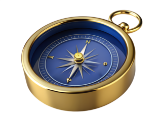 3d illustration of golden compass with blue dial isolated on transparent background
