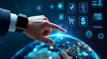 Businessman interacting with digital globe and futuristic technology icons using smartwatch