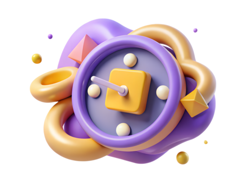 3d illustration of abstract 3d rendering of a purple and orange clock with playful shapes isolated on transparent background
