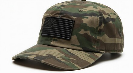 Camouflage baseball cap with american flag patch isolated on white background