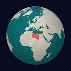 Libya on the map. Globe centered to Libya. Country location on the world map. Teal Pale Mint color palette. Globe with countries, meridians and parallels. Trending vector illustration.